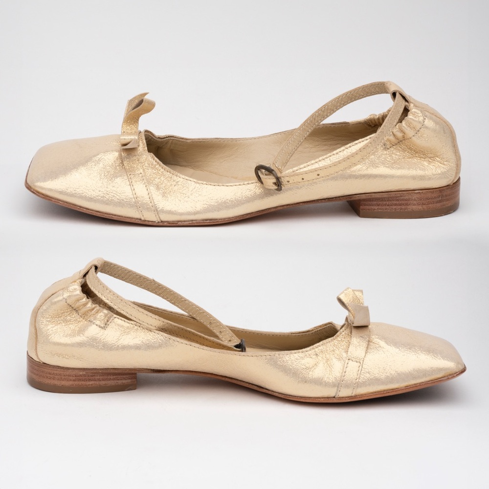Gold Leather Ballet Flats with Ankle Strap